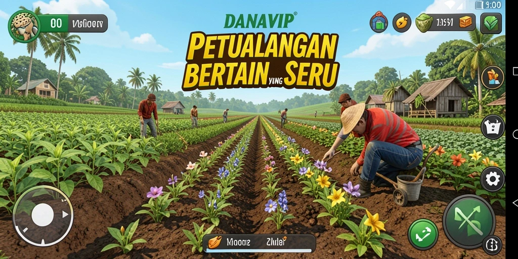 Tampilan menarik dari gameplay DANAVIP yang menampilkan ladang dan hewan.