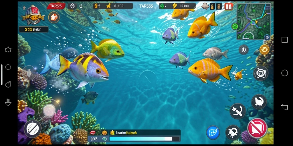 Tampilan gameplay TAR555 saat menangkap ikan di bawah laut.